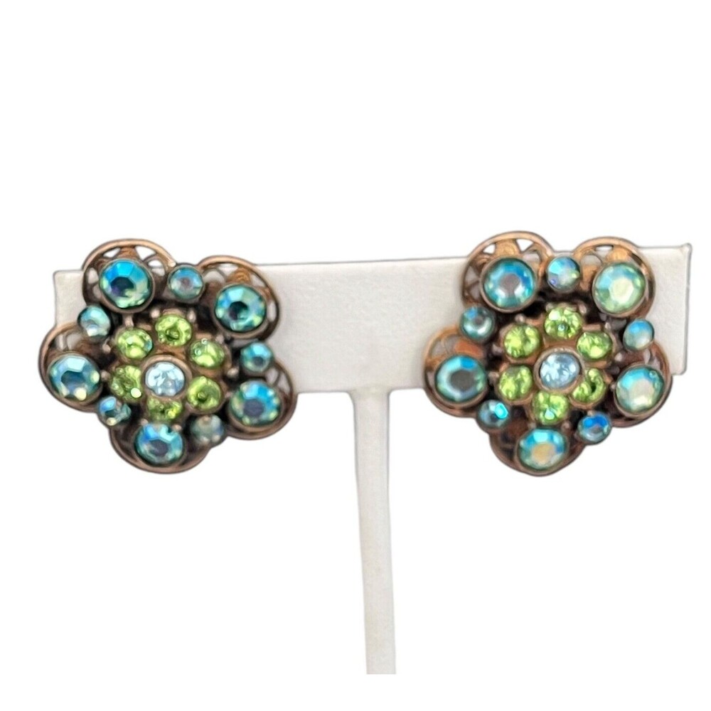 Vintage Kirks Folly Earrings Clip Blue Green Crystals Antique Gold Tone - 7H
